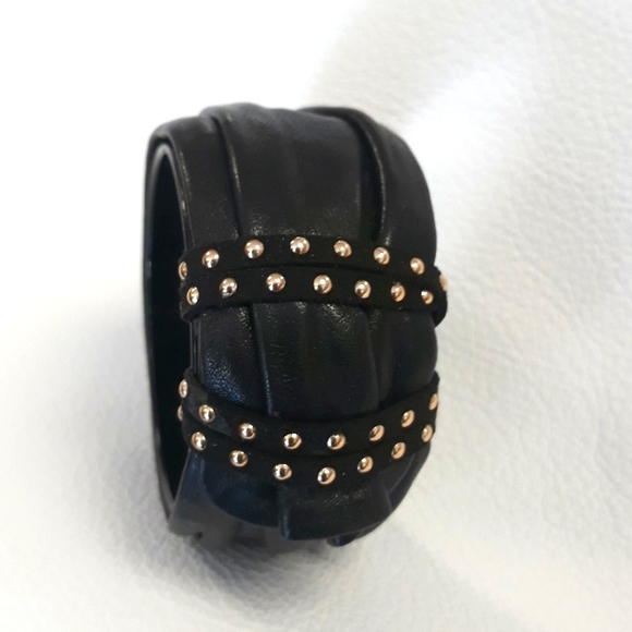 Black Leather Bangle Bracelet/ 90's/Handcrafted/ Statement Bracelet - Picture 4 of 16